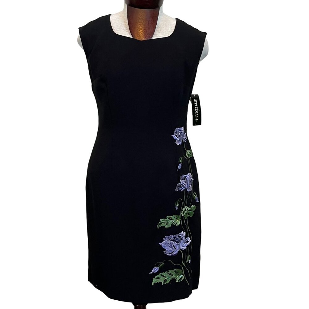 Studio 1 Black Embroidered Sheath Dress Sleeveless Purple Flowers Size‎ 10 NEW